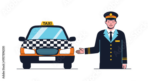 Friendly taxi driver in professional uniform standing beside his classic orange and white cab with a checkered pattern and taxi sign on top.