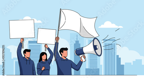 Group of protestors standing in a city holding blank signs and a white flag while one man speaks through a megaphone to express their demands.