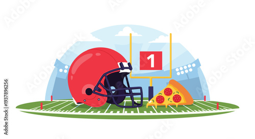 American football helmet and a slice of pepperoni pizza on a stadium field with a goal post in the background for a sports event theme.
