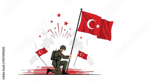 Soldier in uniform kneeling and holding a large turkish flag with fireworks and smaller flags in the background for a national celebration.