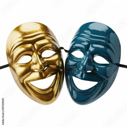 Gold and teal comedy tragedy masks on white gold mask