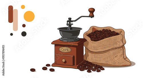 Vintage manual coffee grinder made of wood and metal standing next to a rustic sack overflowing with fresh dark roasted coffee beans.