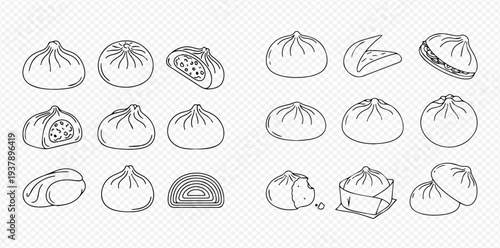 Set of hand-drawn outline illustrations of various Asian dumplings and buns, including whole and cut versions, on a transparent background.