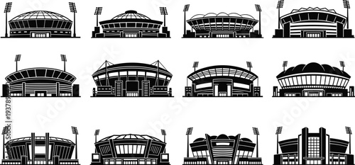 Vector Silhouette Collection of Modern Sports Stadiums and Arenas Featuring Various Architectural Designs, Dome Roofs, and Floodlight Towers for Football, Soccer, and Entertainment Events.