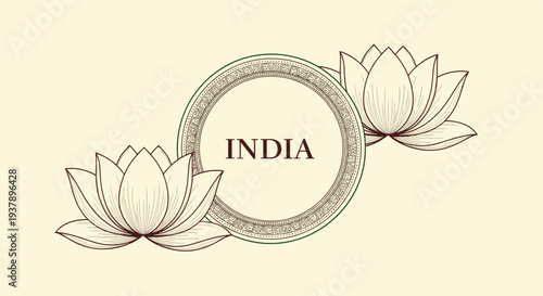 Elegant india themed circular frame featuring intricate traditional patterns and lotus flowers in a hand-drawn sketch style on a beige background.