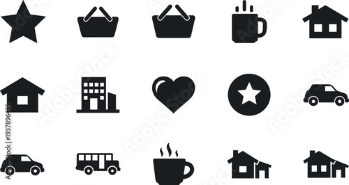 Vector Silhouette Icon Set Featuring Minimalist Home Houses, Car Vehicles, Shopping Baskets, Coffee Mugs, Heart Shapes, Stars, School Bus, and Apartment Building for Website Interface Design.