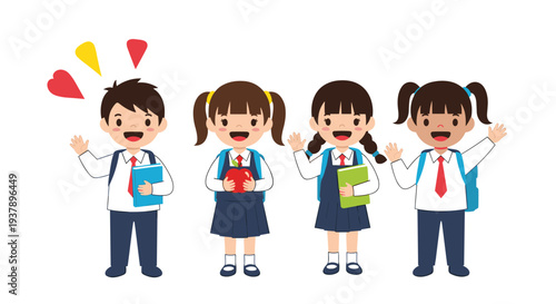 Group of four happy schoolchildren in uniforms carrying backpacks and school supplies while waving and smiling for the start of the new term.