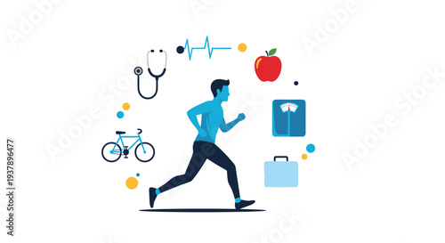 Silhouette of a man running in the center of a circle of health and wellness icons including a bicycle, stethoscope, apple, and weight scale.