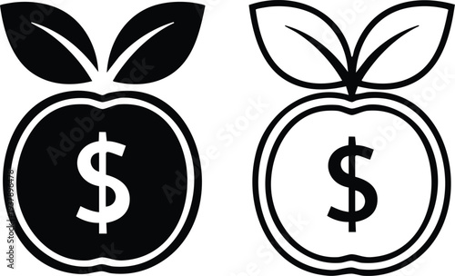 Black and white apple icons with dollar sign, finance and growth concept