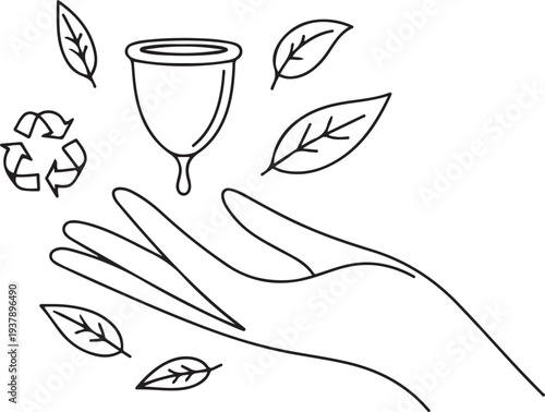 Illustration of a hand holding a menstrual Cup. Eco friendly option for replacing pads and tampons. An environmentally friendly alternative. Feminine hygiene.one line vector Editable stroke