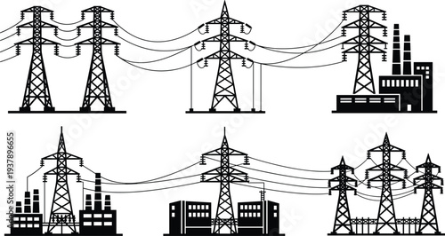 Vector Silhouette Set of High Voltage Electric Transmission Towers and Power Grid Infrastructure with Industrial Factory Buildings for Energy Supply and Utility Network Designs.