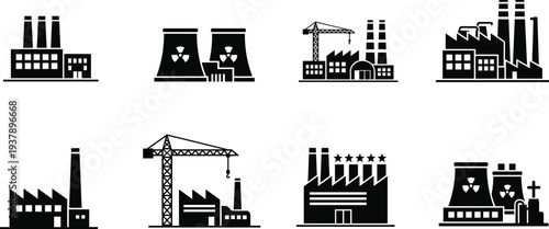 Vector Silhouette Set of High Voltage Electric Transmission Towers and Power Grid Infrastructure with Industrial Factory Buildings for Energy Supply and Utility Network Designs.