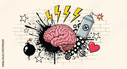 Vibrant street art style illustration of a pink human brain against a brick wall with graffiti elements including a spray can, bomb, and heart.