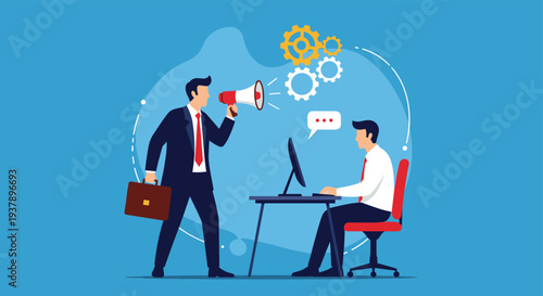 Frustrated boss in a suit using a megaphone to shout at a stressed employee working at a computer desk with cogs representing workplace pressure.