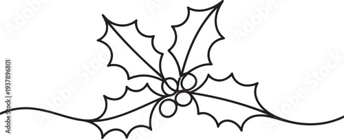 line art drawing holly berry leaves. Modern continuous line art, aesthetic contour. Christmas plant for greeting cards, poster, sticker, logo. Vector illustration.one line vector illustration