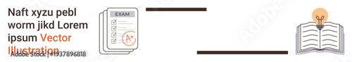 Education, learning, knowledge, exams, academic preparation, study concepts. Exam paper with a grade next to an open book and lightbulb. Education and learning concepts