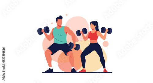 Athletic man and woman in gym wear performing squats while lifting dumbbells during a fitness training session with abstract background circles.