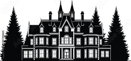 Victorian mansion silhouette with tall pine trees, gothic revival architecture estate isolated on white background, historic luxury residence illustration for design projects