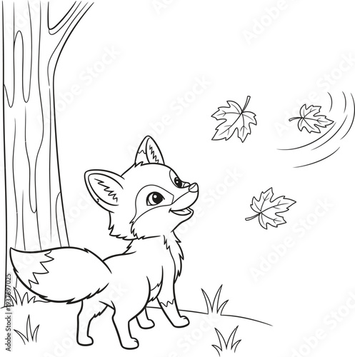A curious cartoon fox looking up at butterflies isolated on transparent background