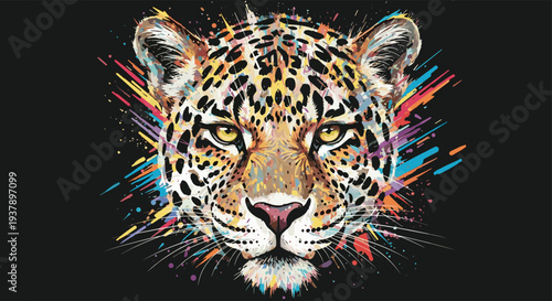 Vibrant leopard face illustration featuring colorful artistic paint splatters and expressive yellow eyes on a dark background.