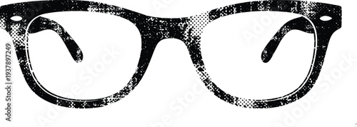 Vintage eyeglasses vector silhouette with distressed halftone texture and retro frame design for hipster fashion optical shop branding and eye care clinic marketing materials