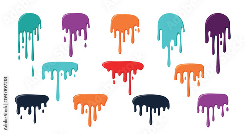 Diverse set of vibrant liquid paint drips and melting splashes in various colors isolated on a clean white background.