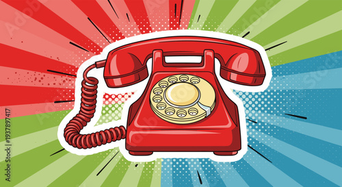 Classic vintage red rotary dial telephone illustrated in a vibrant pop art style with a colorful ray background.