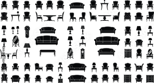 Vintage furniture and home decor vector silhouettes set featuring classic sofas armchairs tables floor lamps mirrors grand clocks and dressers for interior architectural design projects