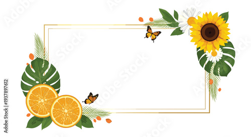 Refreshing summer floral frame featuring bright sunflowers, white daisies, tropical leaves, and juicy orange slices.