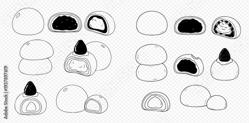Hand-drawn illustration set of various mochi desserts, including whole, cut, and strawberry-topped versions, showcasing different fillings and preparations.