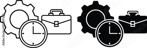 Business gears, briefcases and clocks icons, symbolizing time management