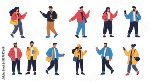 Large collection of diverse male and female characters in various stylish casual and winter outerwear poses.