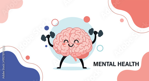 Cheerful brain character exercising with weights to promote mental health awareness and psychological wellbeing.
