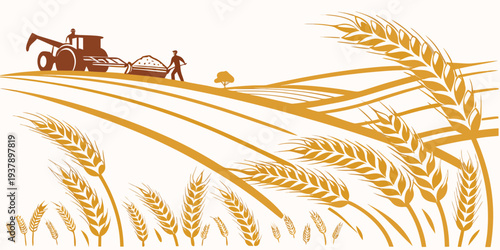 A vast field of golden wheat under a clear blue sky with a farmer and tractor in the distance Vector