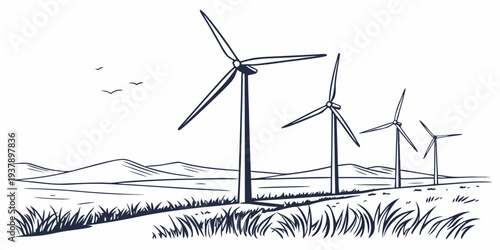 A serene landscape with three wind turbines standing tall on a grassy hill. Vector