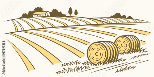 A picturesque landscape of rolling hills with hay bales and a distant farmhouse. Vector