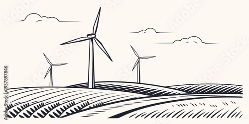 Wind turbines generating clean energy in a vast open field with birds flying overhead. Vector
