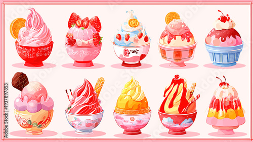 Assorted colorful desserts including ice cream sundaes and cupcakes with various toppings.