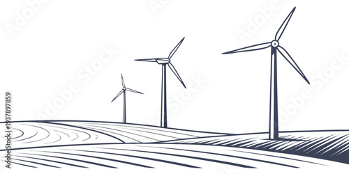 Wind turbines standing tall on a hill, harnessing the power of the wind Vector