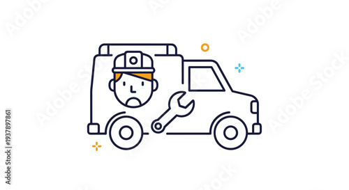 Professional service van line art illustration featuring a repairman character icon and a wrench symbol for maintenance.