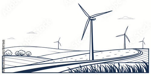 Wind turbines generating clean energy in a vast open field with vehicles nearby Vector