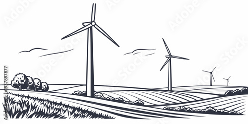 Wind turbines generating clean energy on a breezy landscape with birds flying Vector