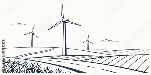 Wind turbines generating clean energy in a vast agricultural landscape. Vector
