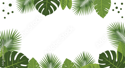 Lush tropical leaves frame featuring various shades of green monstera and palm foliage for an exotic decorative border.
