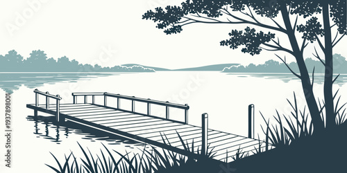 A serene landscape with a wooden bridge over calm waters surrounded by trees Vector