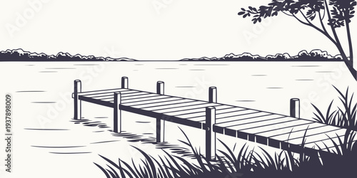 A serene wooden bridge over calm waters in a peaceful natural setting Vector