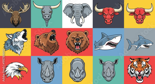 Collection of powerful animal head mascot logos including predators like wolf, bear, tiger, and shark on colorful backgrounds.