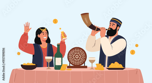 Jewish tradition illustration showing a woman with coins and a man blowing the shofar during a festive meal celebration.