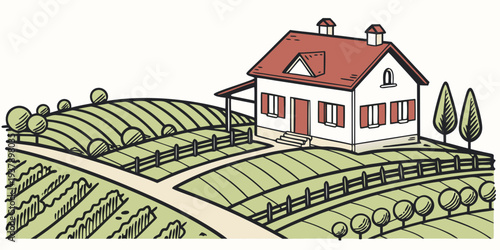 A charming countryside house nestled amidst lush green vineyards under a clear blue sky. Vector