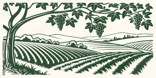 A serene landscape of rolling hills and a winding river under a clear sky Vector